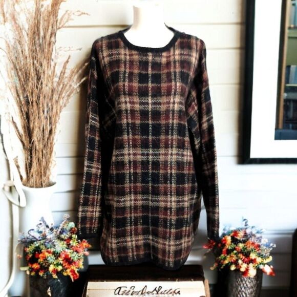 Vintage Mohair Blend Plaid Sweater XL Brown Oversized Boxy Academia Grandpa 80s - Picture 8 of 16